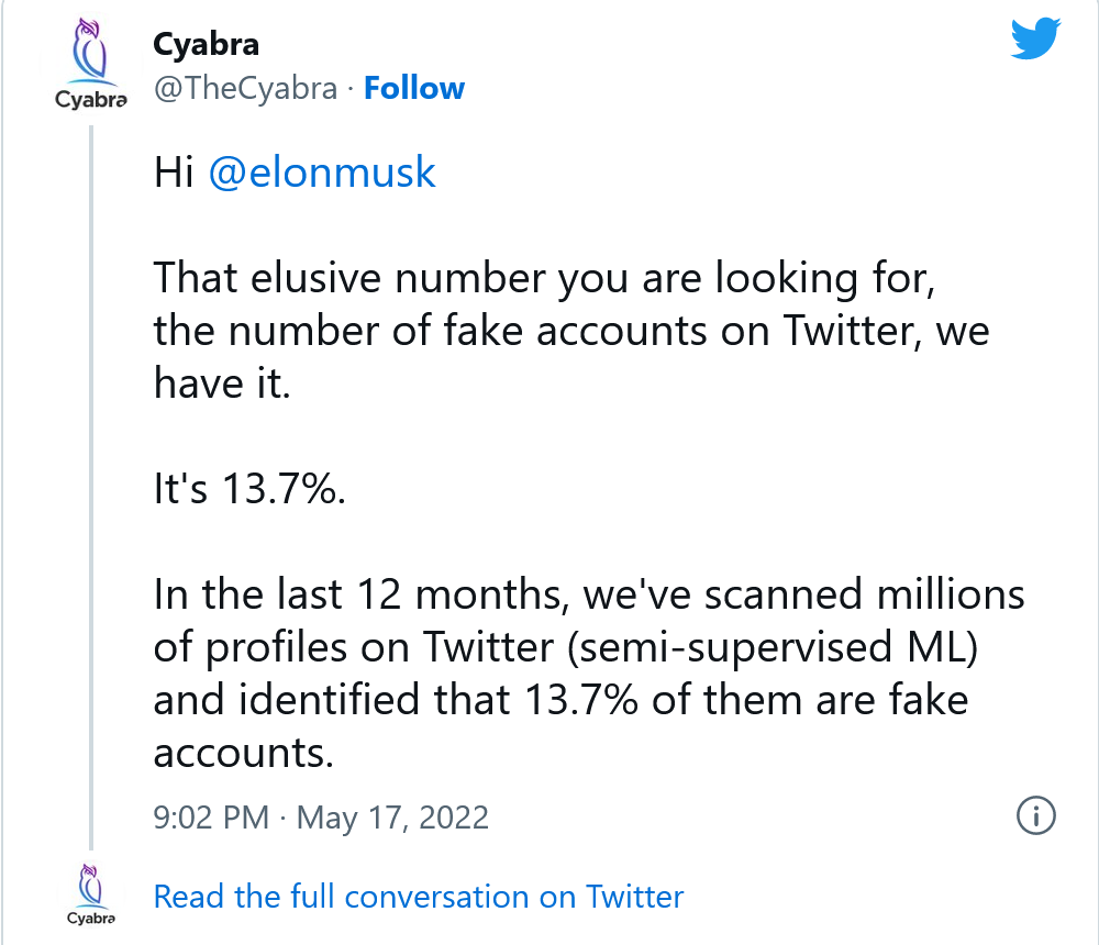 Twitter：平台上的机器人账号数量占比不到5%