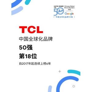 品牌力持续提升，TCL连续六年上榜“中国全球化品牌50强”