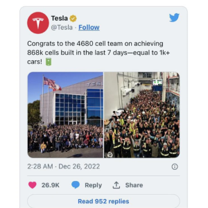 特斯拉：4680 电池周产超 86 万块，可满足 1000 辆 Model Y 用量