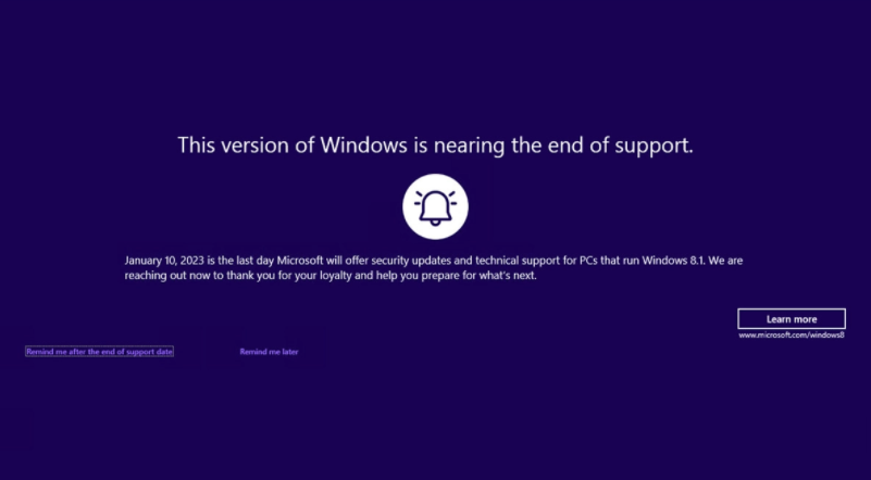 微软发出提醒：Windows 8.1系统将于2023年1月停止支持