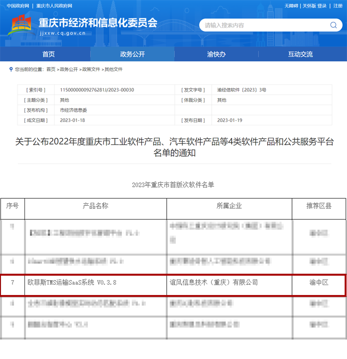 喜讯 | 欧菲斯TMS运输SaaS系统入选“2023年重庆市首版次软件名单”！